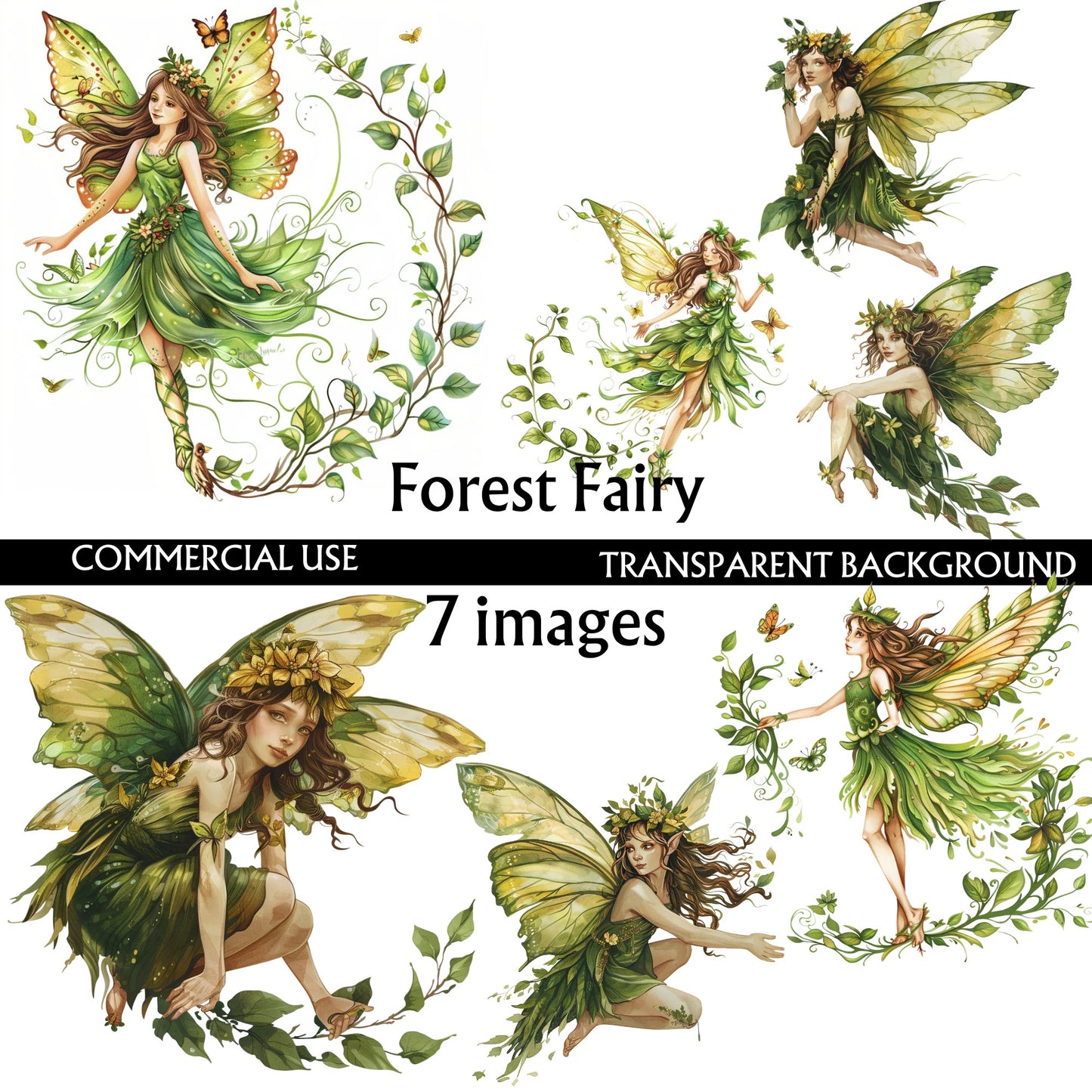 Green Forest Fairy 7 individual PNG clip art images