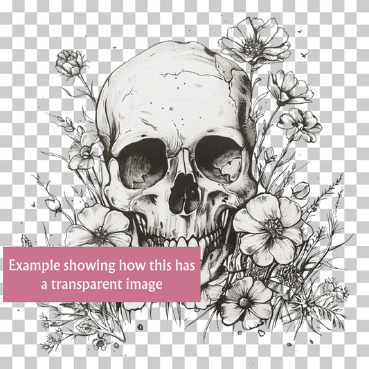 Skull with flowers monochrome PNG clipart