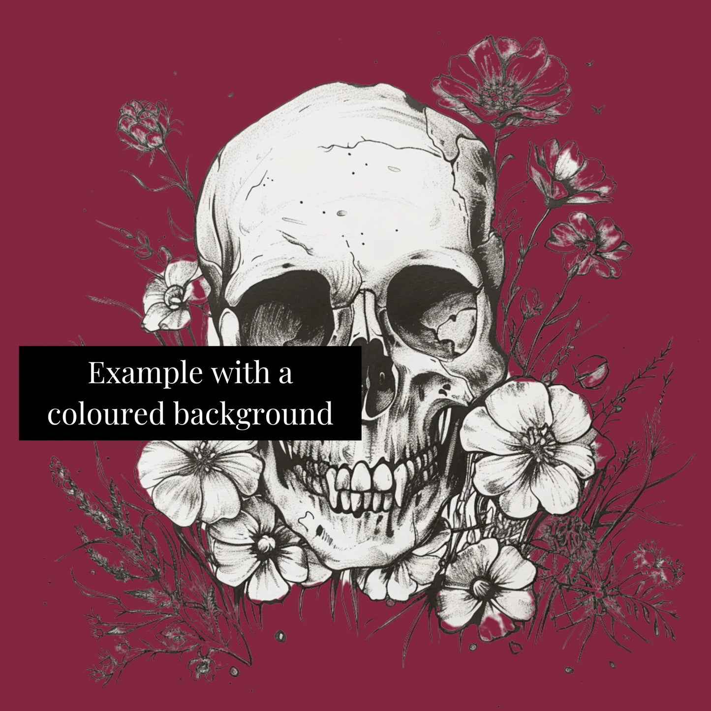 Skull with flowers monochrome PNG clipart